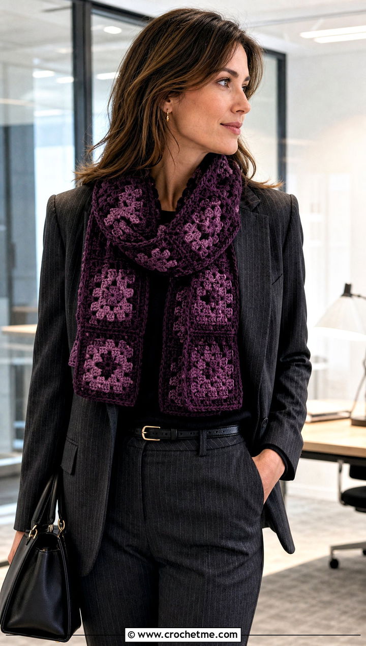 Monochrome Granny Square Scarf With Pinstripe Suit - 25 granny square scarves outfit ideas