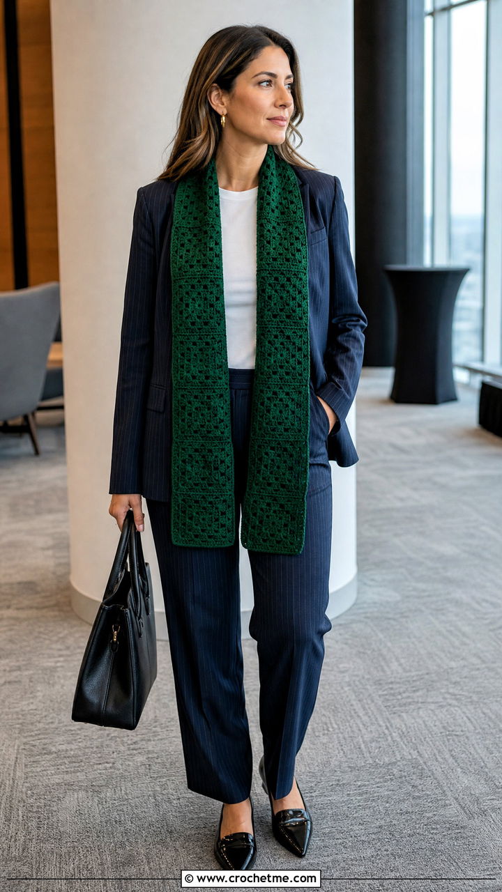 Monochrome Granny Square Scarf With Pinstripe Suit - 35 granny square scarf outfit ideas