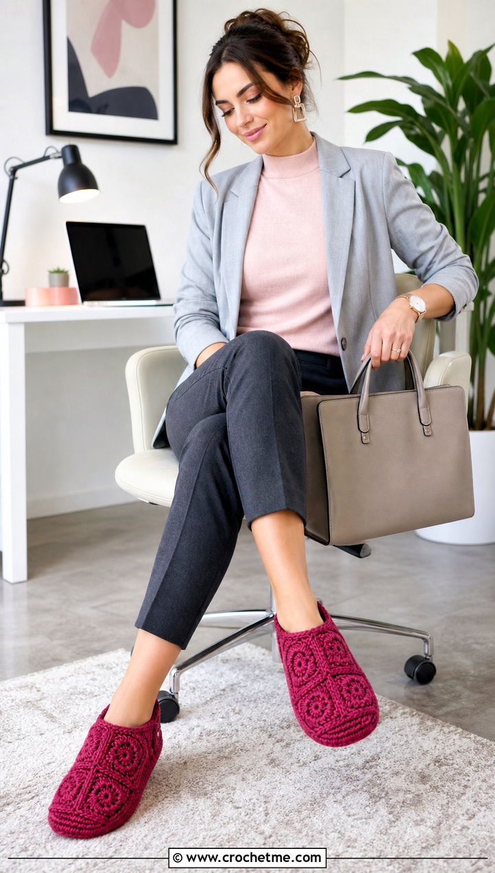 Monochrome Granny Square Slippers With Tailored Trousers - 25 Crochet Granny Square Slippers outfit ideas