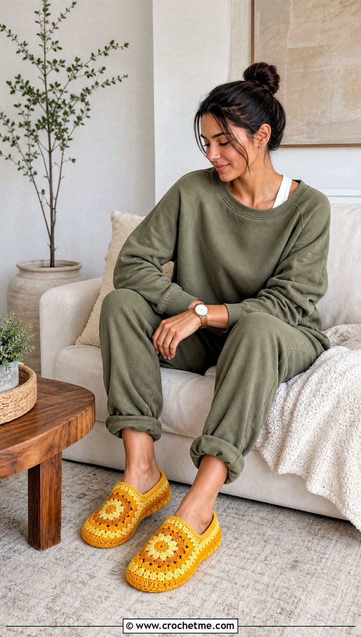 Monochrome Granny Square Slippers With a Sweatsuit - 20 Easy Granny Square Crochet Slippers outfit ideas