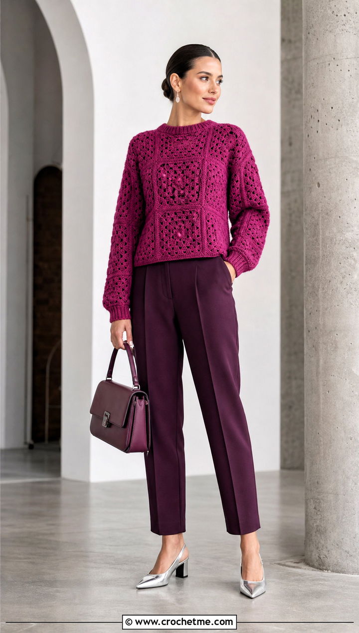 Monochrome Granny Square Stitch Sweater With Matching Trousers - 25 granny square stitch sweater outfit ideas