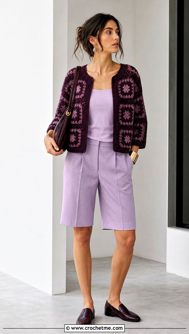 Monochrome Granny Square Summer Cardigan With Bermuda Shorts - 30 granny square summer cardigan outfit ideas