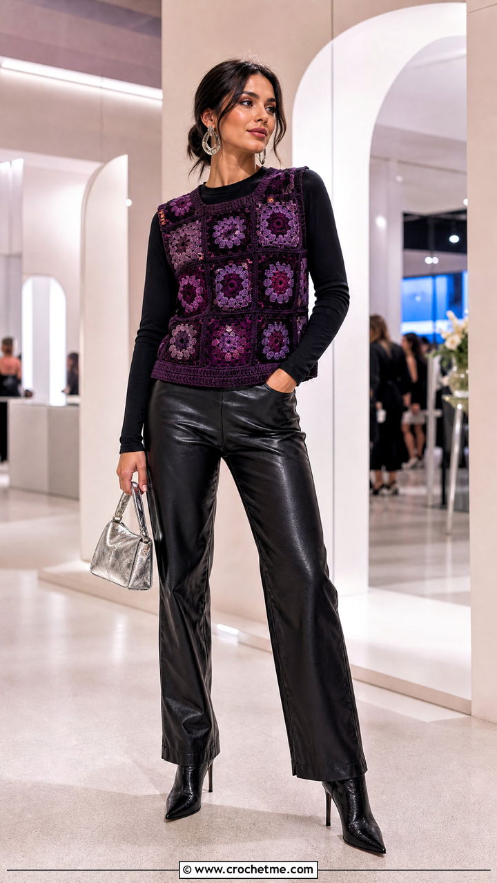 Monochrome Granny Square Sweater Vest With Leather Pants - 35 granny square sweater vest outfit ideas