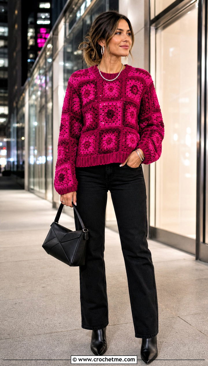 Monochrome Granny Square Sweater With Black Jeans - 25 Fall Granny Square Sweater outfit ideas