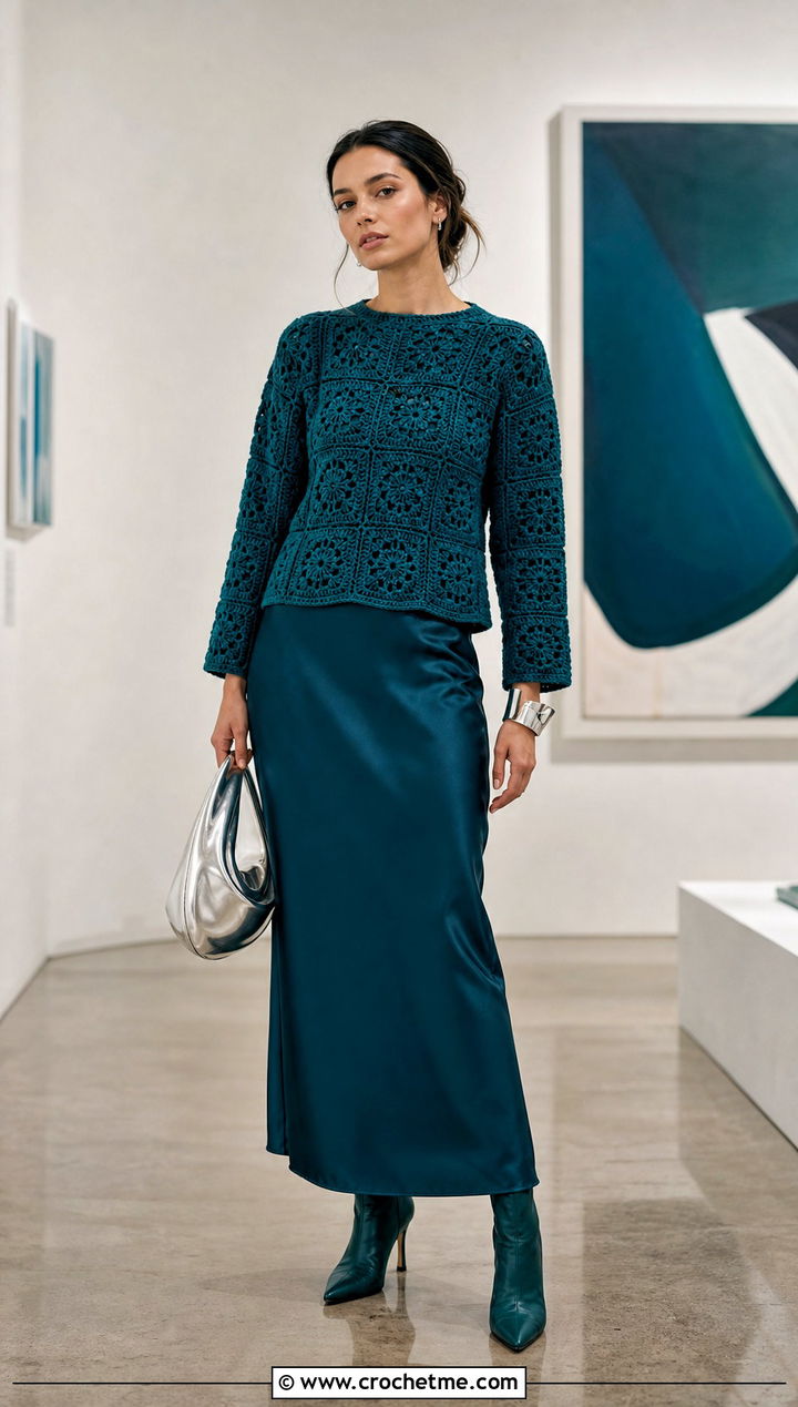 Monochrome Granny Square Sweater With Column Skirt - 25 Square Crochet Sweater outfit ideas