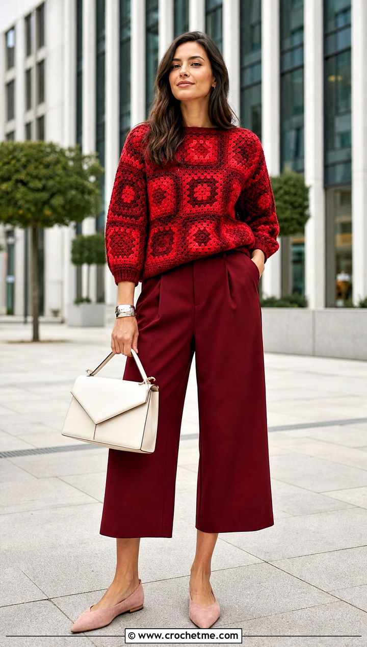 Monochrome Granny Square Sweater With Culottes - 35 Crochet Square Sweater outfit ideas