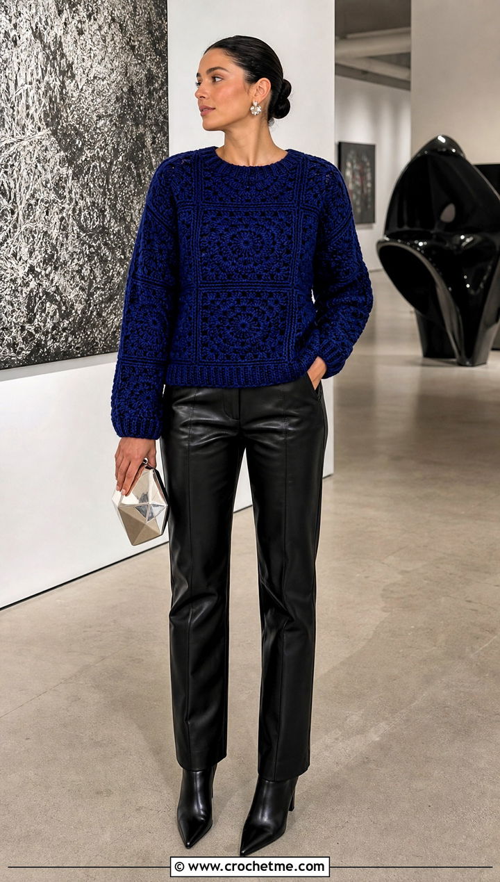 Monochrome Granny Square Sweater With Leather Pants - 30 easy granny square sweater outfit ideas
