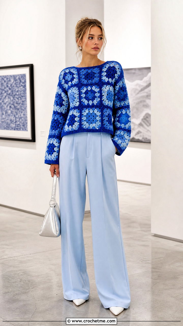 Monochrome Granny Square Sweater With Matching Trousers - 35 crochet granny square sweater outfit ideas