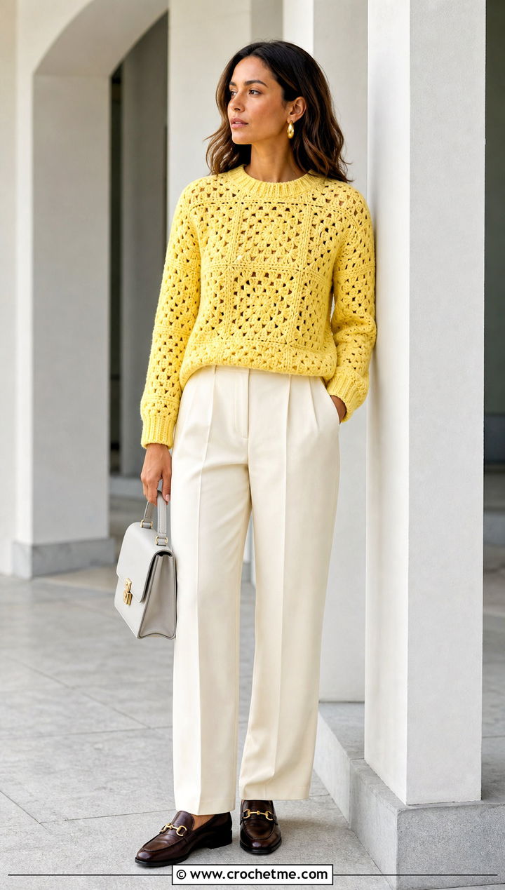 Monochrome Granny Square Sweater With Matching Trousers - 30 crochet sweater with granny squares outfit ideas