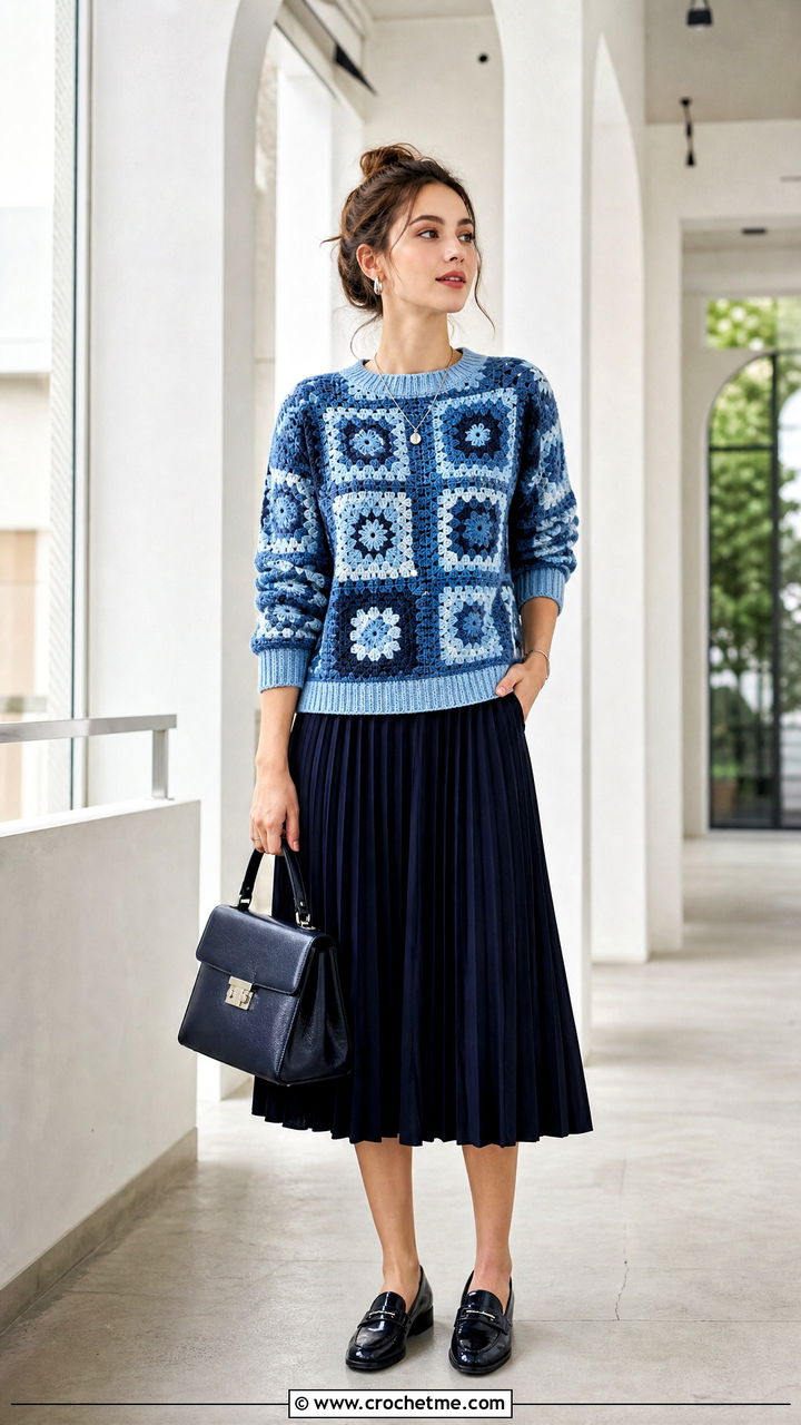 Monochrome Granny Square Sweater With Pleated Midi Skirt - 35 granny square sweater outfit ideas