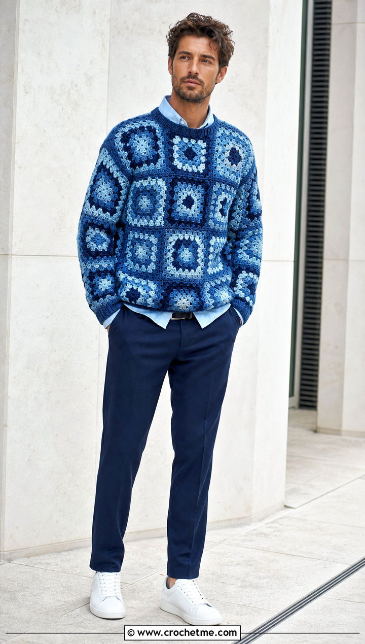 Monochrome Granny Square Sweater With Tonal Pants - 25 Crochet Granny Square Sweater For Men outfit ideas