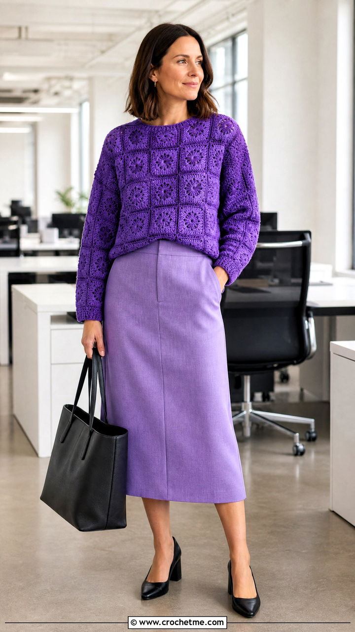 Monochrome Granny Square Sweater With Work Skirt - 35 4 Granny Square Sweater outfit ideas