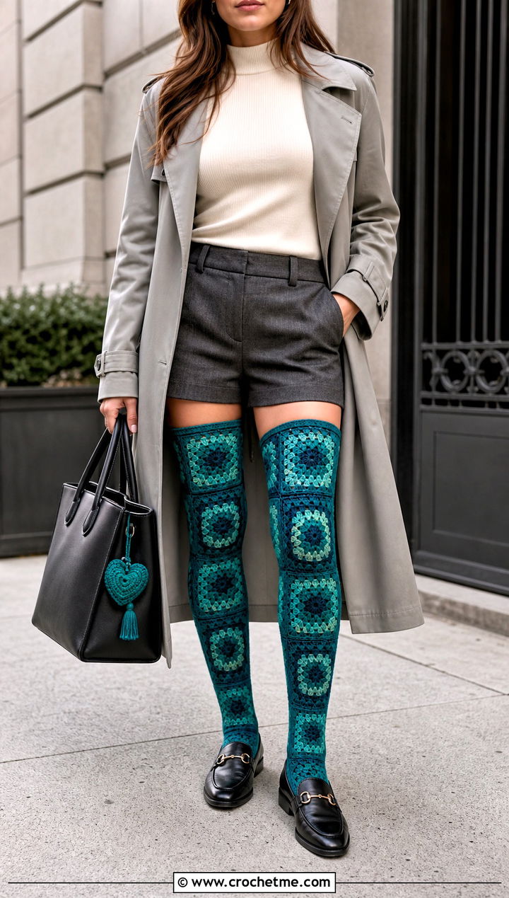 Monochrome Granny Square Thigh High Socks With Trench Coat - 25 granny square thigh high socks outfit ideas