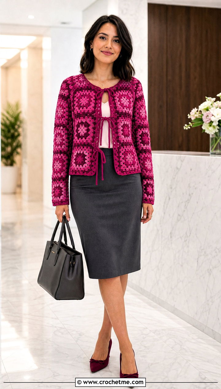 Monochrome Granny Square Tie Cardigan With Pencil Skirt - 25 Granny Square Tie Cardigan outfit ideas
