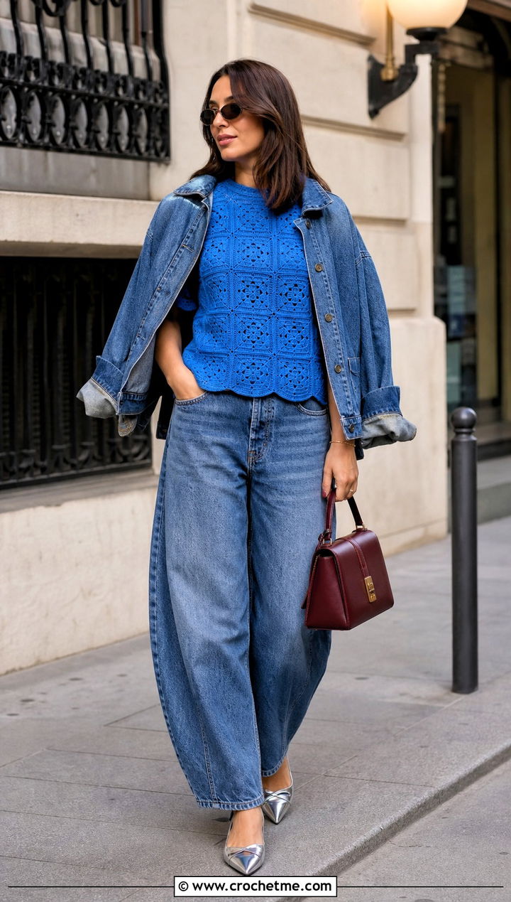 Monochrome Granny Square Top With Denim Set - 25 Square Crochet Top outfit ideas