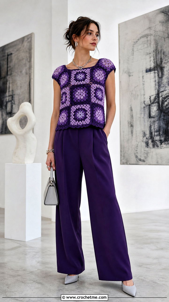 Monochrome Granny Square Top With Matching Trousers - 35 granny square top outfit ideas