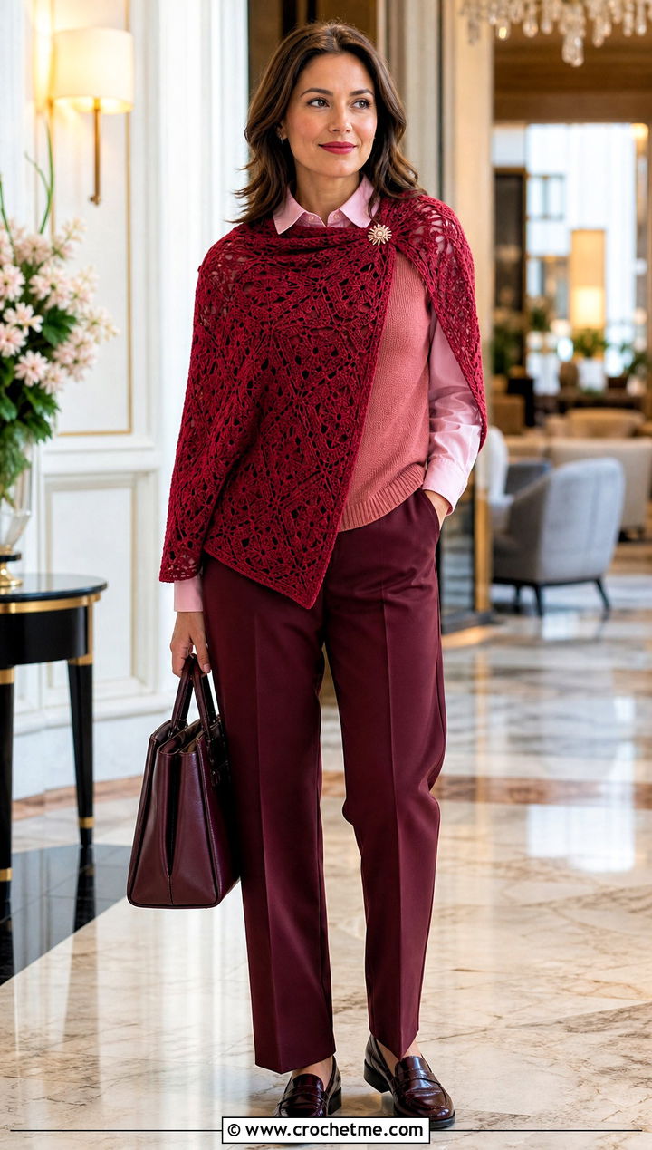 Monochrome Granny Square Triangle Shawl With Vest And Trousers - 30 granny square triangle shawl outfit ideas