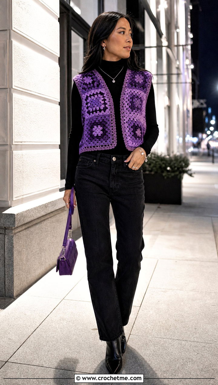 Monochrome Granny Square Vest With Black Jeans - 25 Granny Squares Vest outfit ideas
