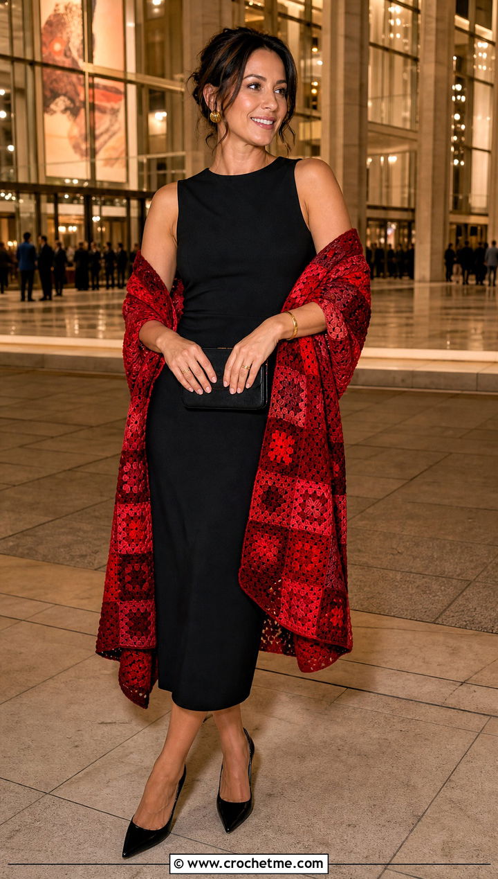 Monochrome Granny Square Wrap With Black Party Outfit - 30 granny square wrap outfit ideas