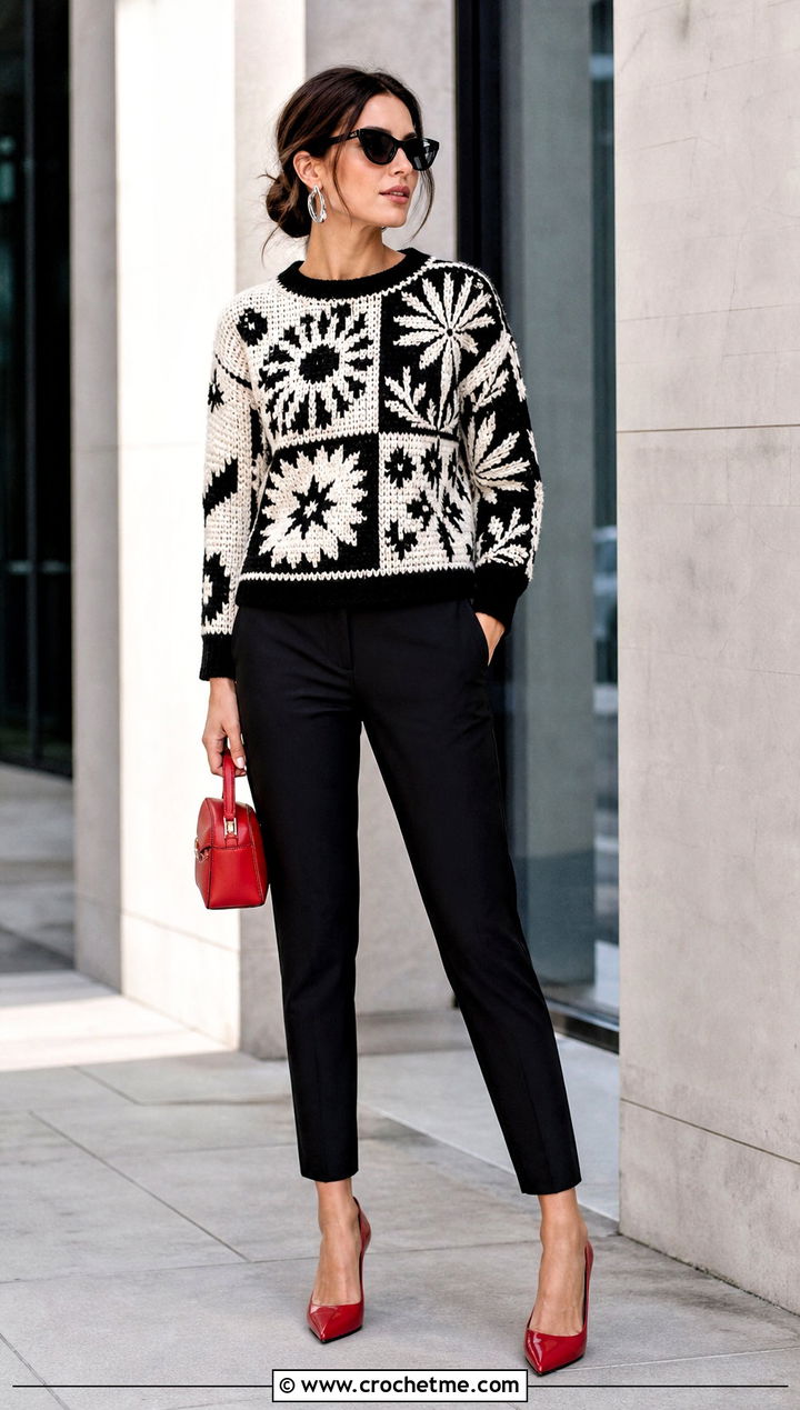 Monochrome Graphic Tapestry Crochet Jumper With Red Accessories - 30 Tapestry Crochet Jumper outfit ideas