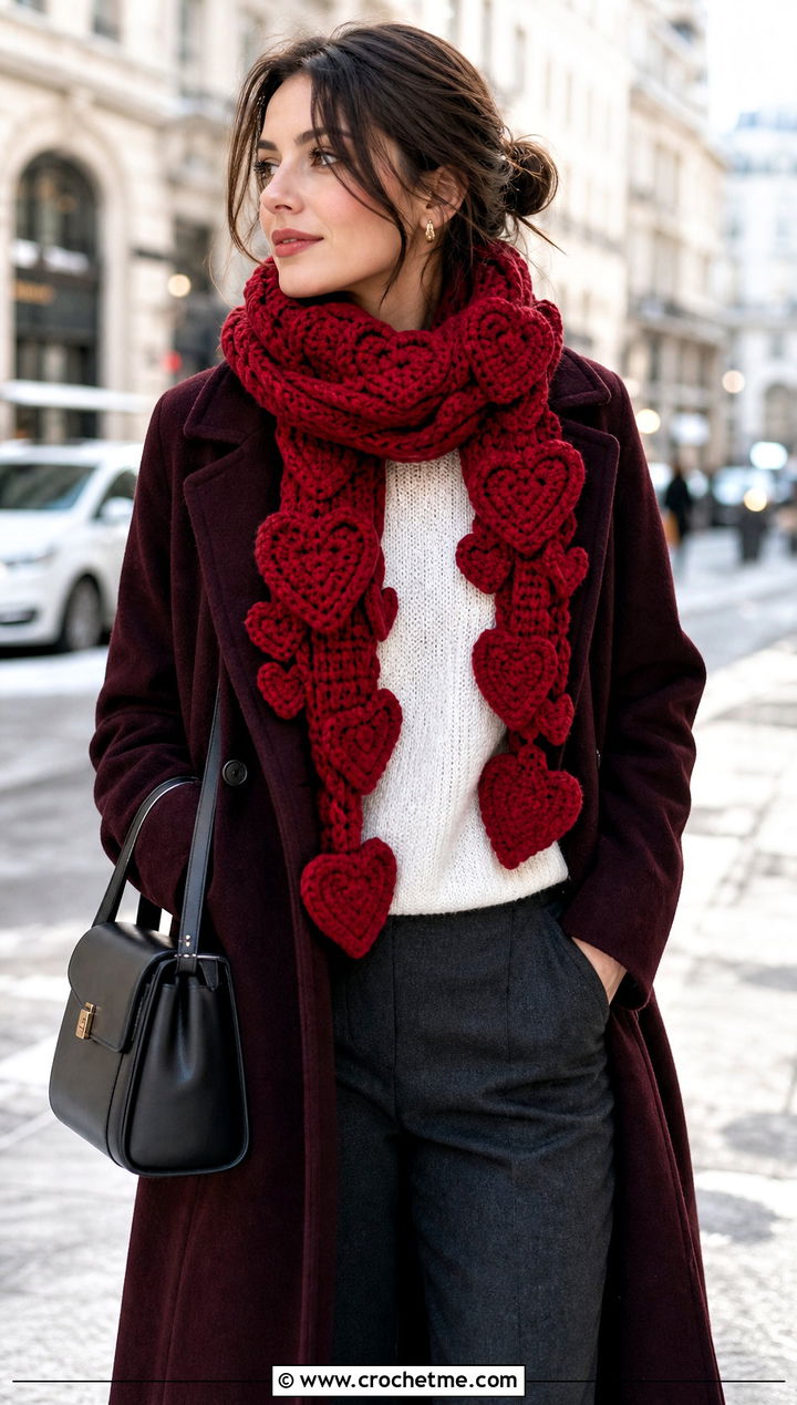 Monochrome Heart Scarf With Matching Coat - 25 crochet heart scarf outfit ideas