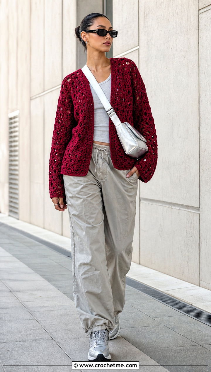 Monochrome Hex Crochet Cardigan With Parachute Pants - 35 hex crochet cardigan outfit ideas