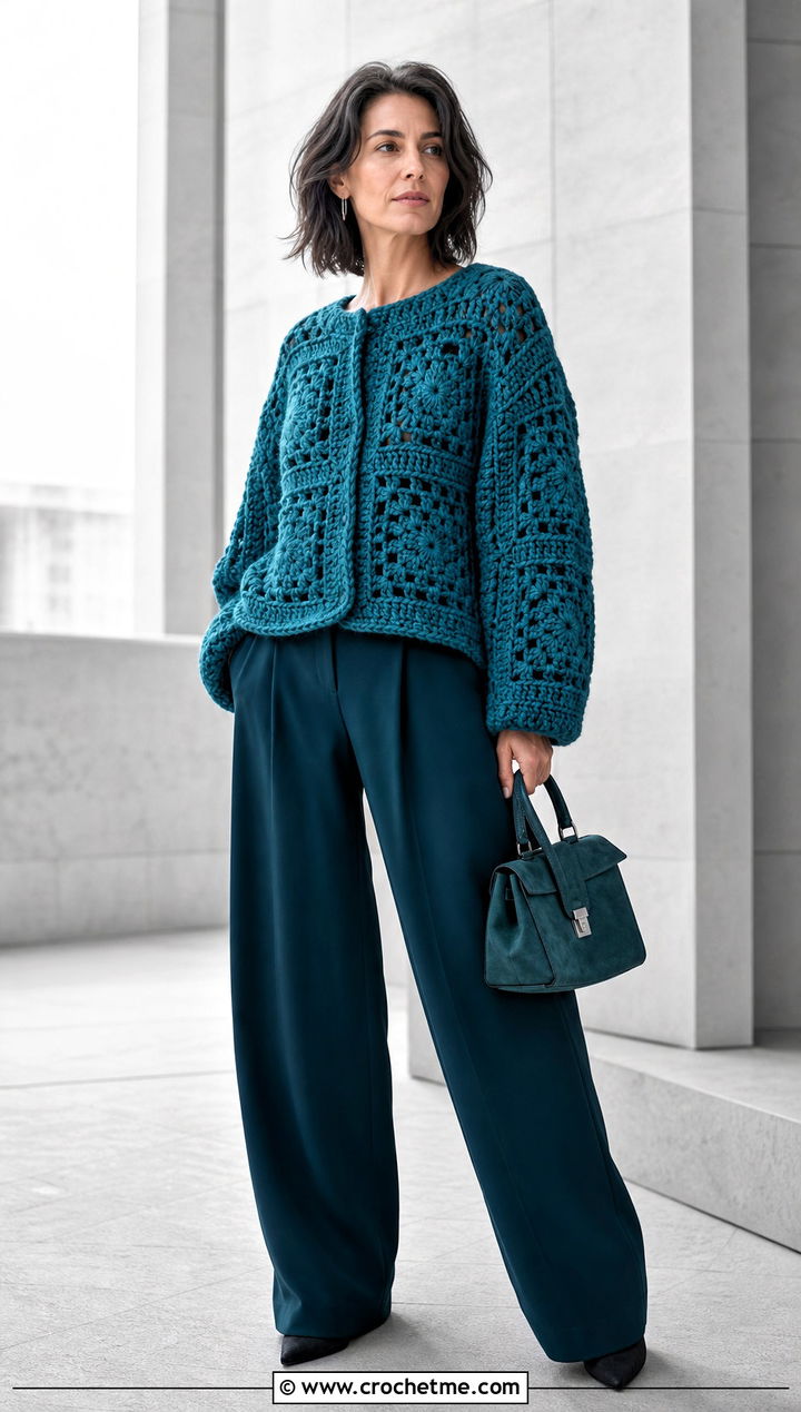 Monochrome Large Granny Square Sweater With Matching Trousers - 35 large granny square sweater outfit ideas