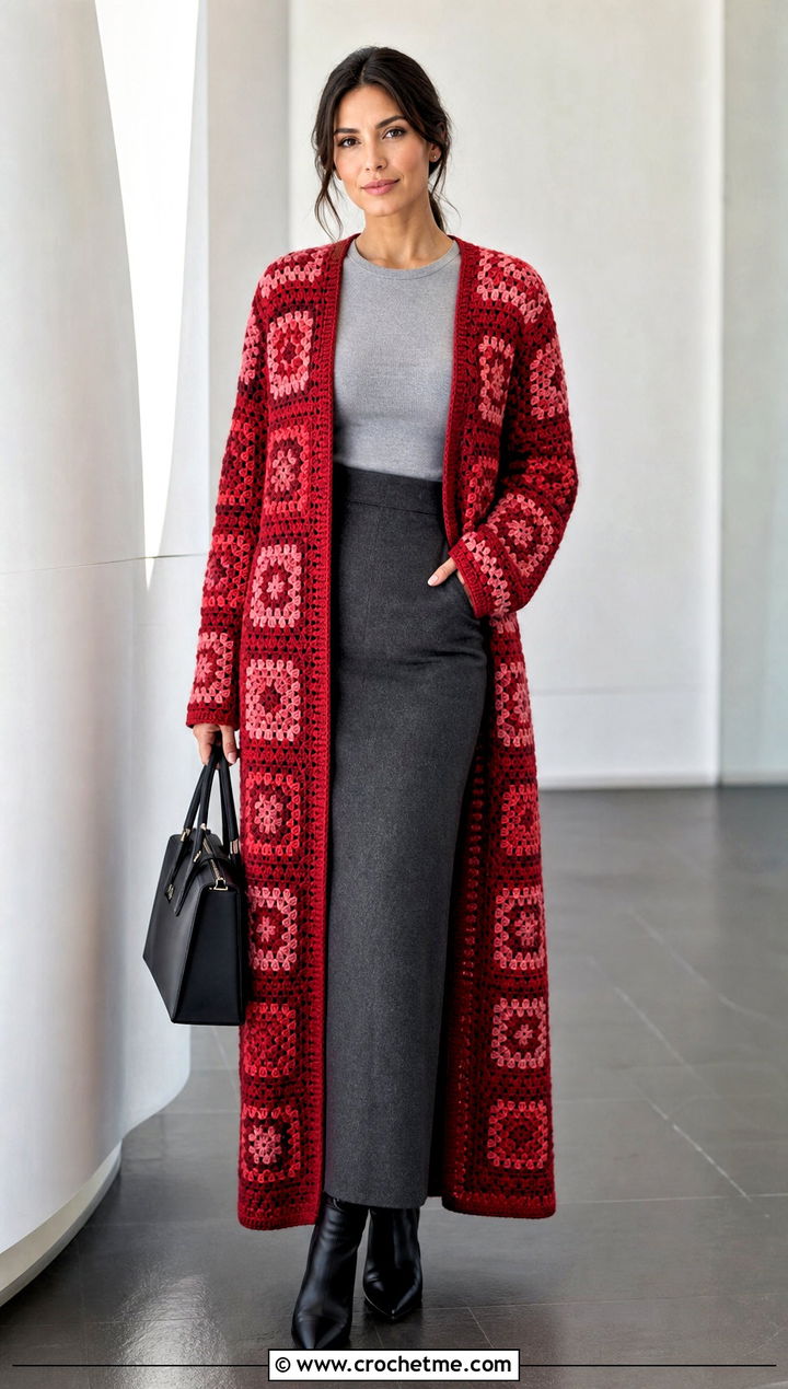 Monochrome Long Granny Square Cardigan With Column Skirt - 35 long granny square cardigan outfit ideas