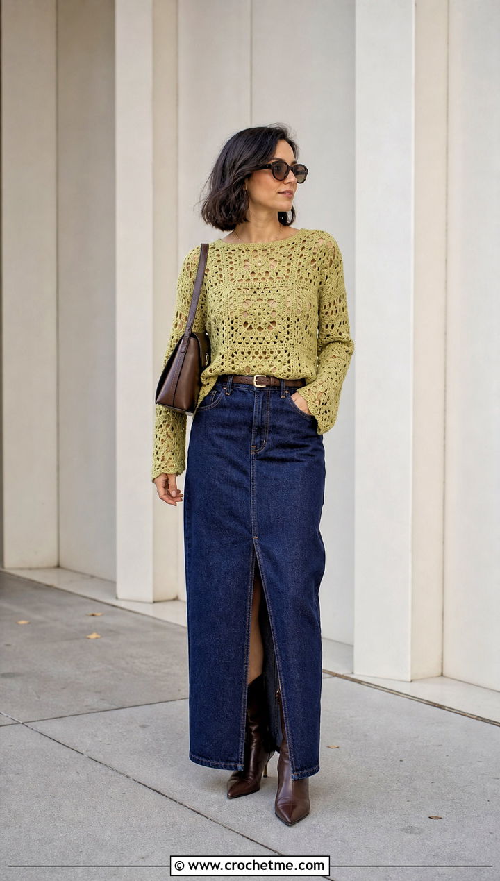 Monochrome Maria Crochet Top With Denim Maxi Skirt - 20 maria crochet top outfit ideas