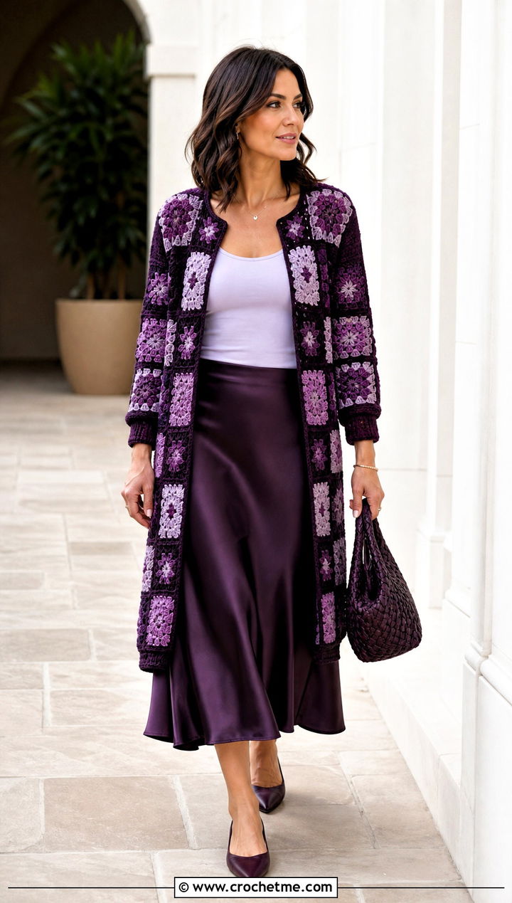 Monochrome Patchwork Cardigan With a Slip Skirt - 30 crochet patch work cardigan outfit ideas