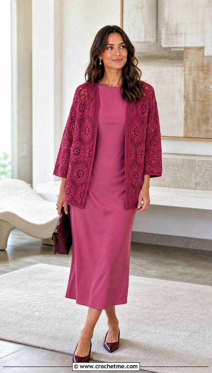 Monochrome Pentagon Granny Square Cardigan With Column Dress - 25 Pentagon Granny Square Cardigan outfit ideas