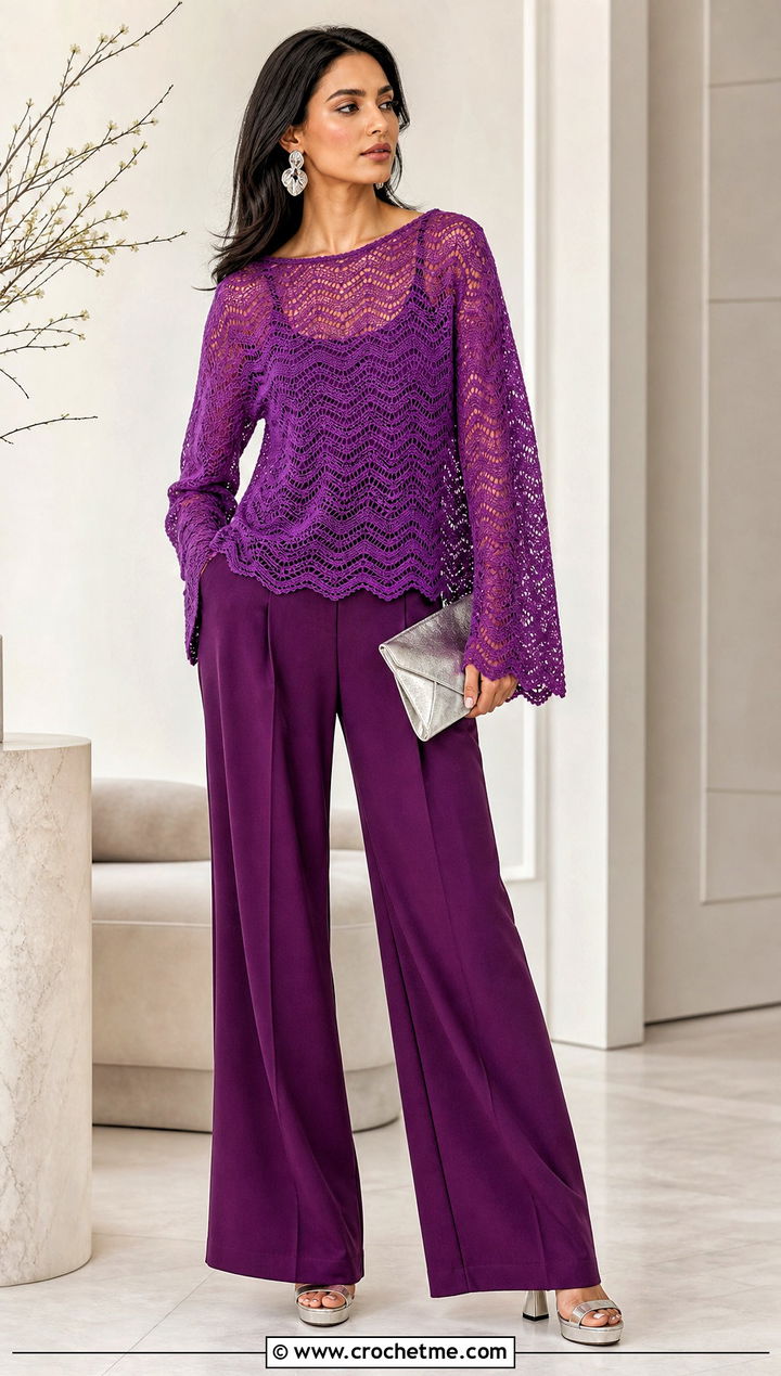 Monochrome Ripple Crochet Top With Palazzo Pants - 25 wavy crochet top outfit ideas
