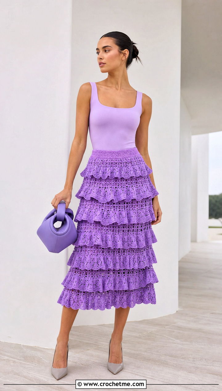 Monochrome Ruffle Crochet Midi Skirt With Fitted Bodysuit - 35 crochet skirt with ruffles outfit ideas