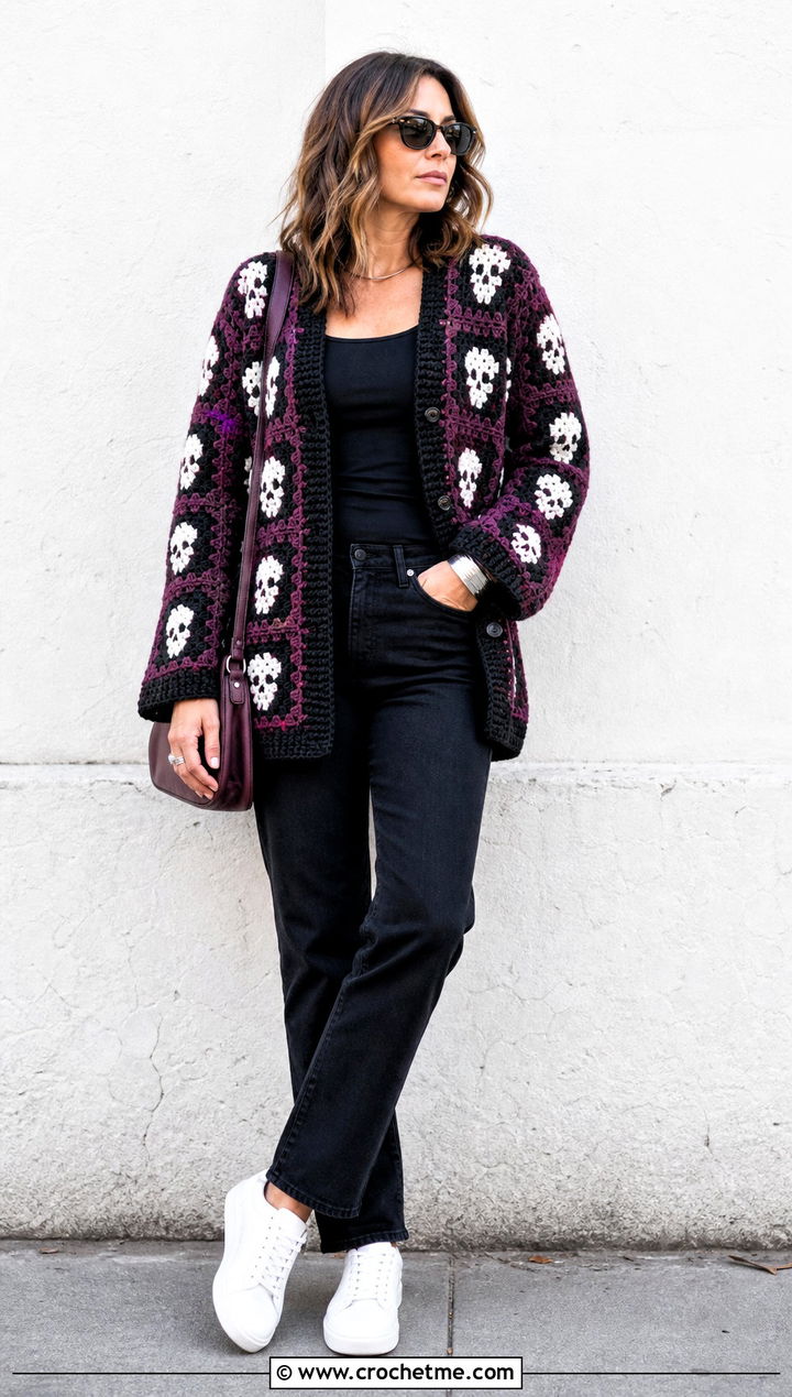 Monochrome Skull Granny Square Cardigan With Black Jeans - 30 skull granny square cardigan outfit ideas