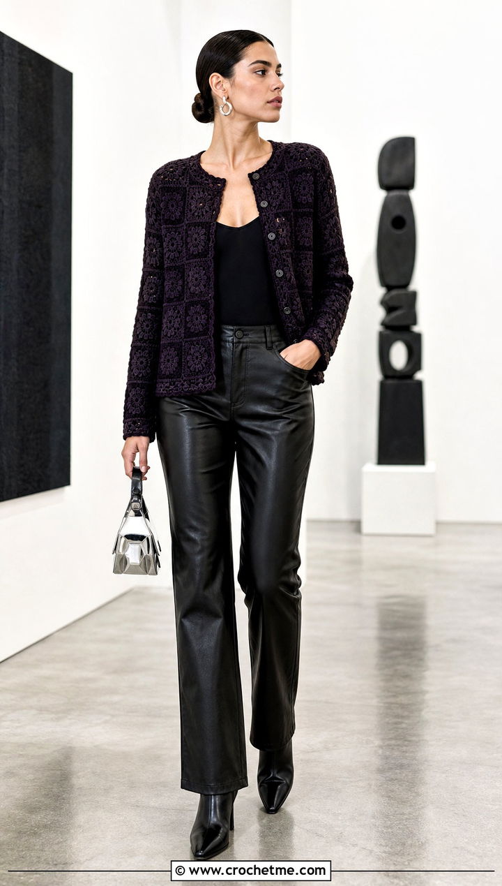 Monochrome Small Granny Square Cardigan With Leather Pants - 25 Small Granny Square Cardigan outfit ideas
