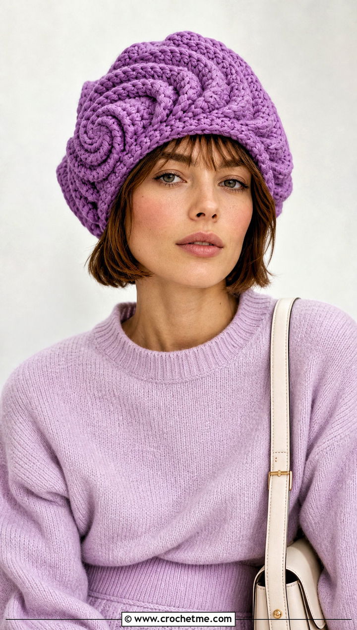 Monochrome Spiral Crochet Hat With Sweater Skirt Set - 25 Spiral Crochet Hat outfit ideas