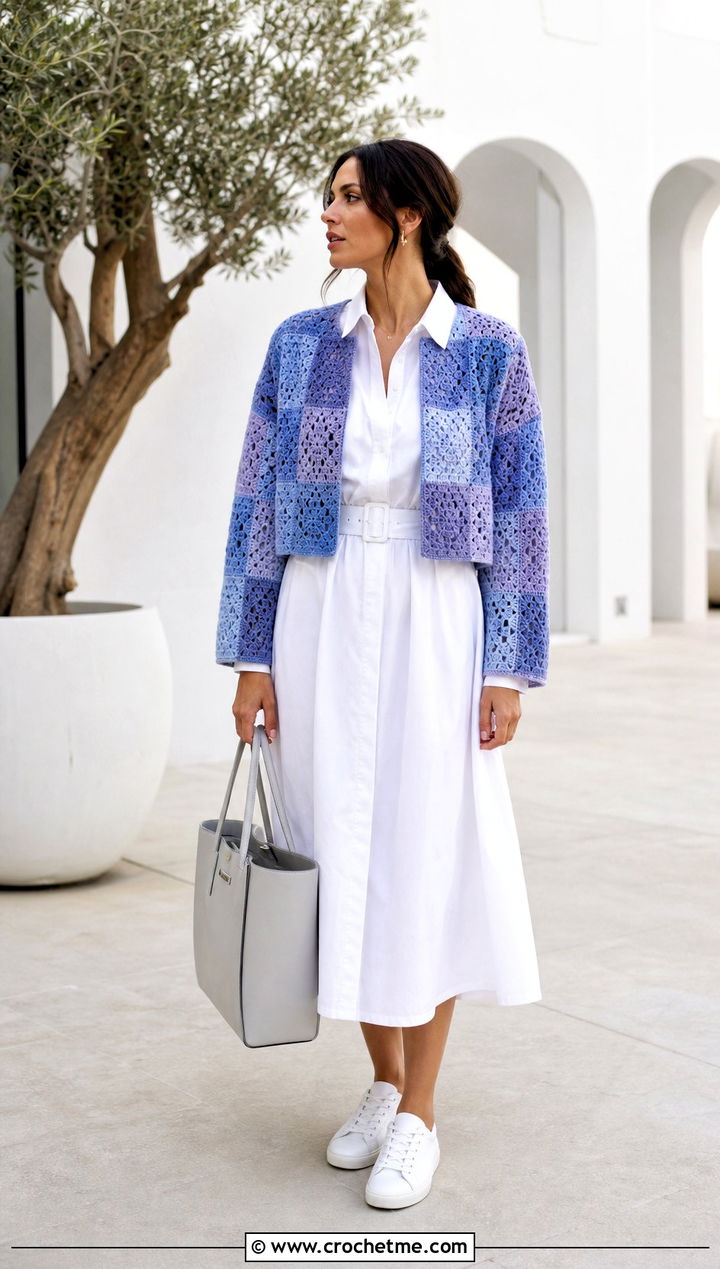 Monochrome Square Jacket With Poplin Dress - 30 crochet square jacket outfit ideas