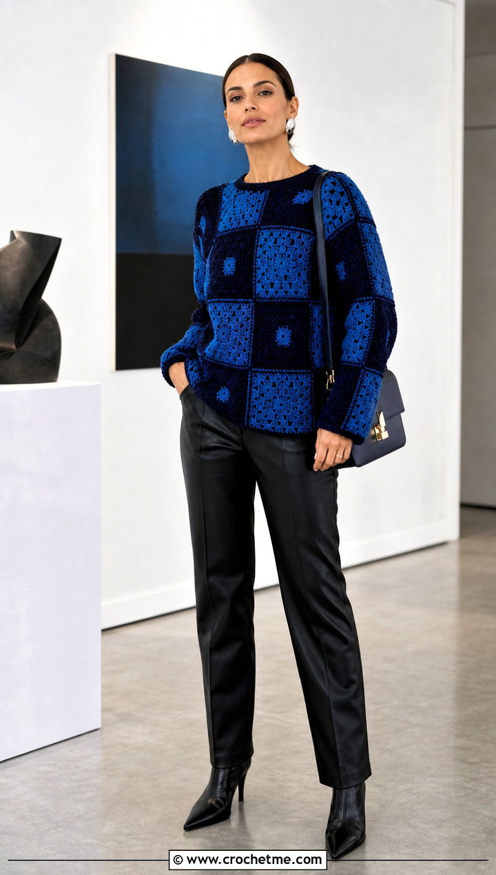 Monochrome Square Jumper With Leather Pants - 30 crochet square jumper outfit ideas