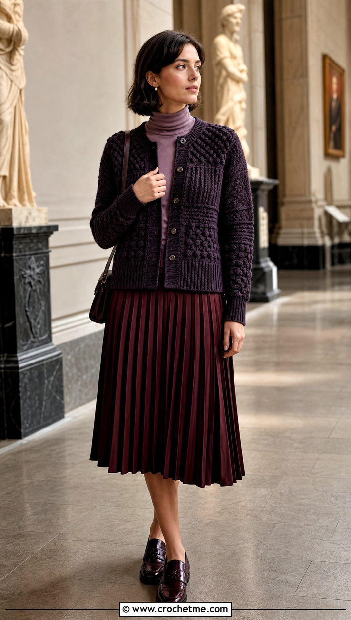 Monochrome Textured Harry Styles Cardigan With Pleated Midi Skirt - 15 Crocheting Harry Styles Cardigan outfit ideas