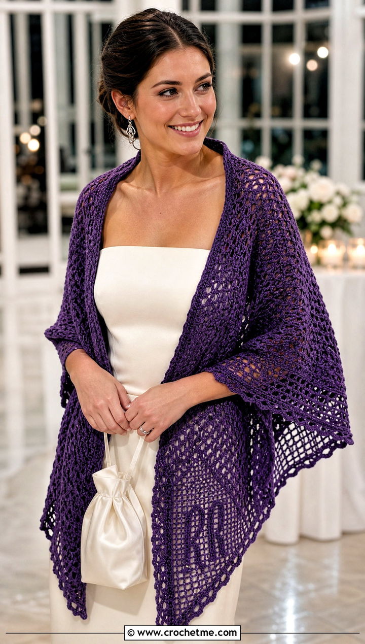 Monogram Crochet Bridal Shawl With Reception Column Dress - 25 Crochet Bridal Shawl outfit ideas