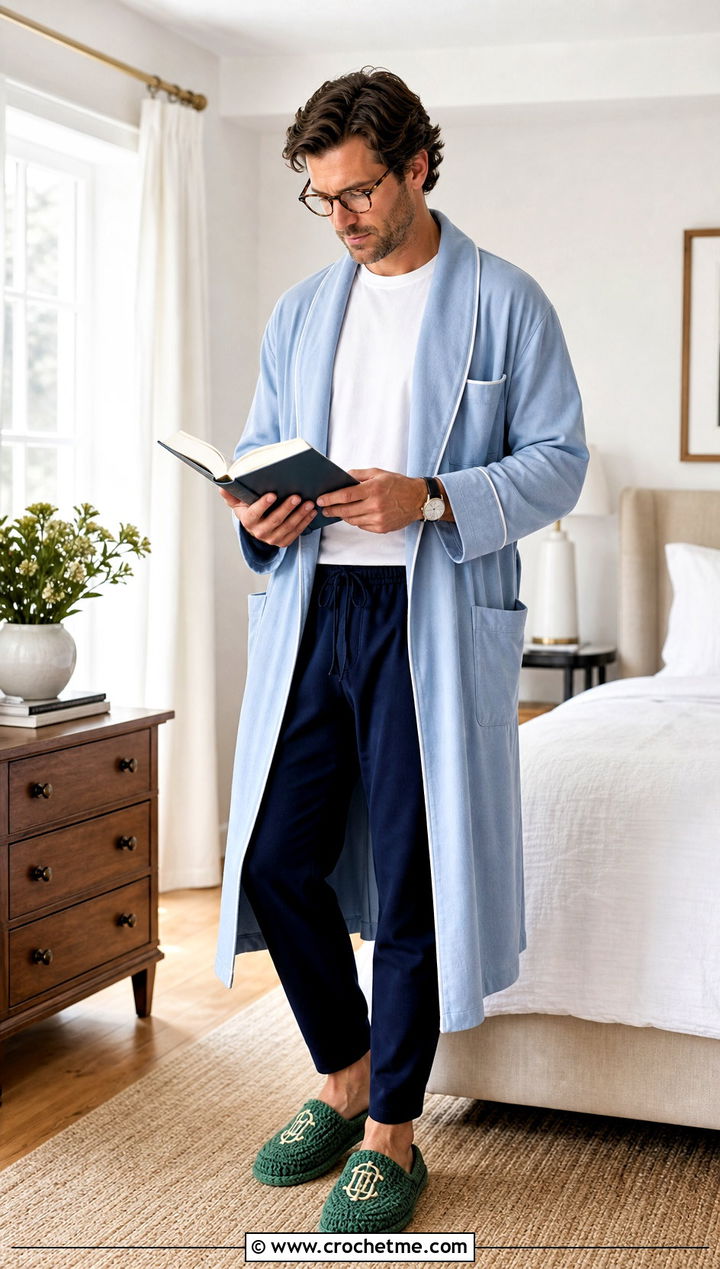 Monogram Crochet Slippers With Robe and Lounge Pants - 35 mens crochet slippers outfit ideas