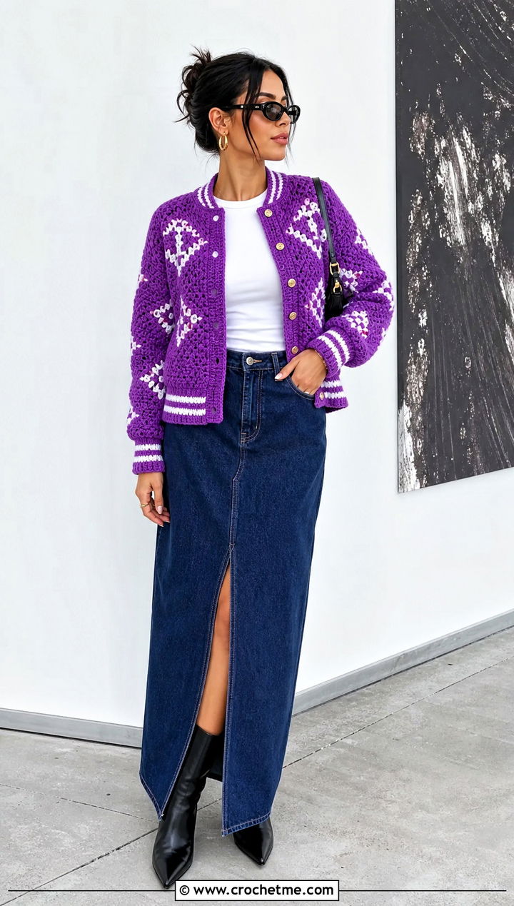 Monogram Crochet Varsity Jacket With Denim Maxi Skirt - 35 crochet varsity jacket outfit ideas