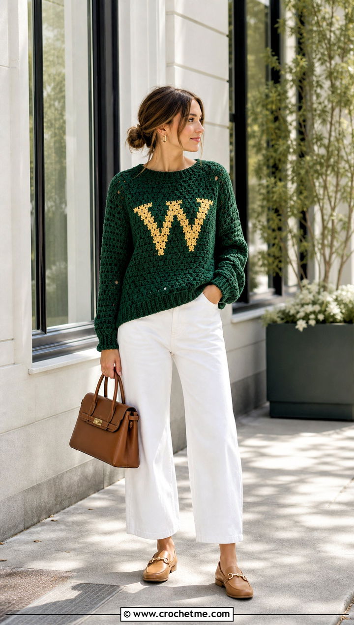 Monogram Crochet Weasley Sweater With White Jeans - 35 crochet weasley sweater outfit ideas