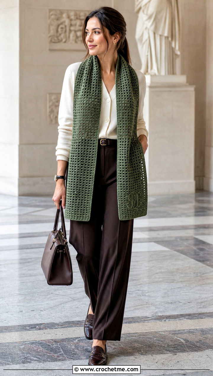 Monogram Filet Crochet Scarf With A Cardigan And Pleated Trousers - 35 filet crochet scarf outfit ideas