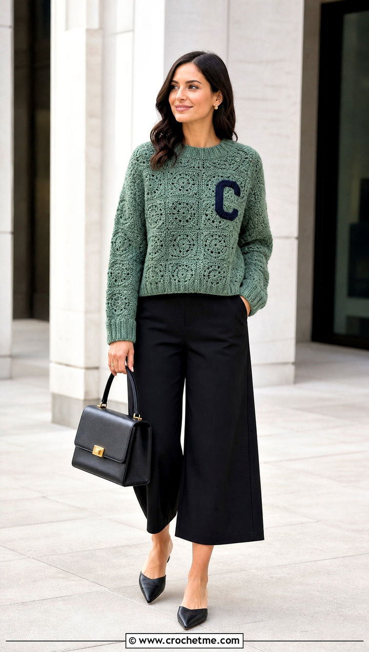 Monogram Tapestry Crochet Sweater With Wide Leg Culottes - 30 tapestry crochet sweater outfit ideas