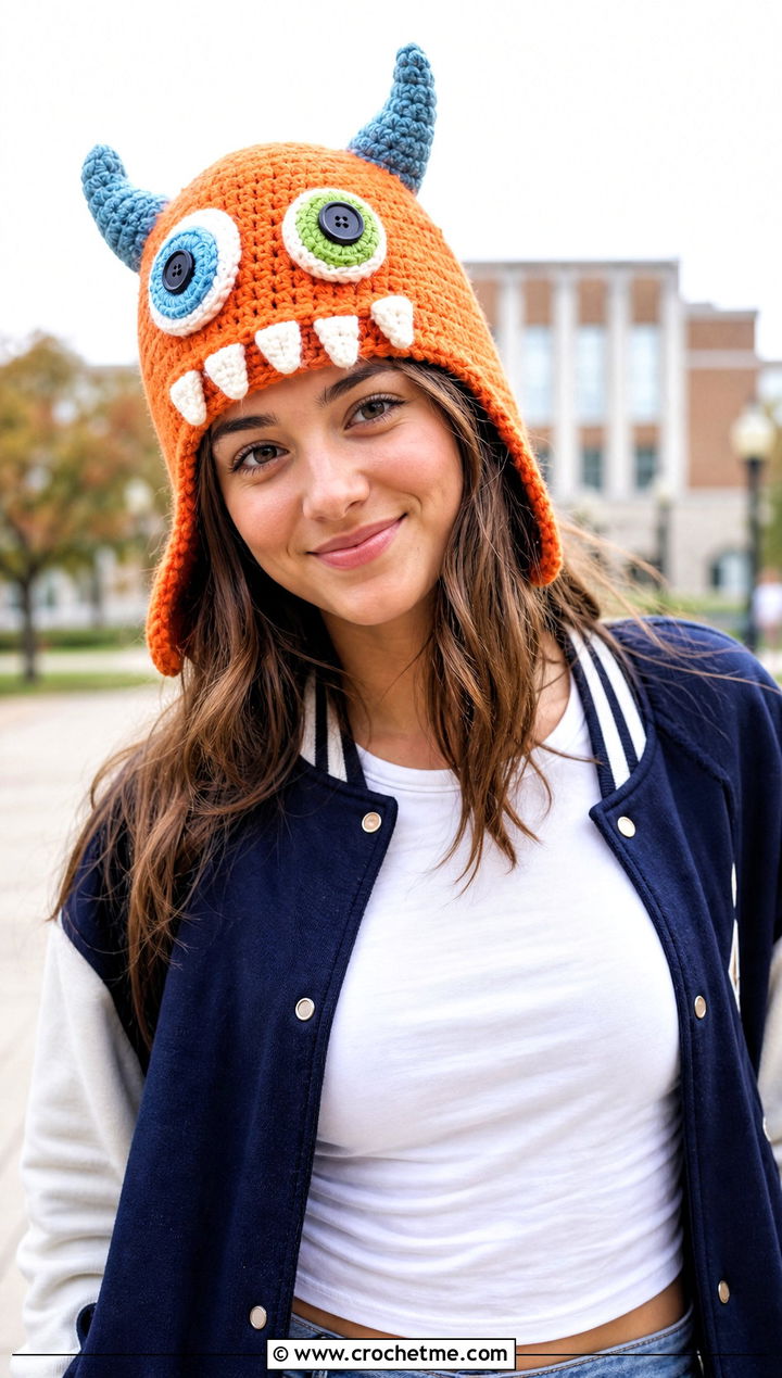 Monster Crochet Hat With Varsity Jacket - 30 crochet funny hats outfit ideas