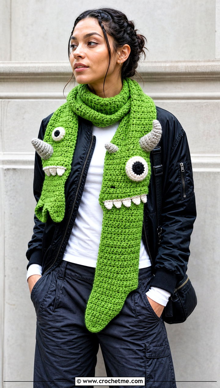 Monster Crochet Scarf With Streetwear Outfit - 15 Funny Crochet Scarves outfit ideas