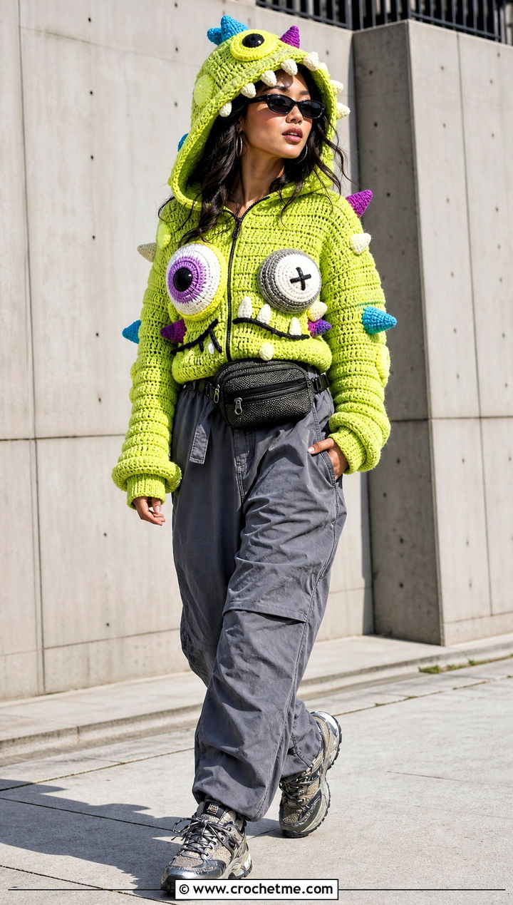 Monster Eye Crochet Hoodie With Parachute Pants - 20 Funny Crochet Clothes and outfit ideas
