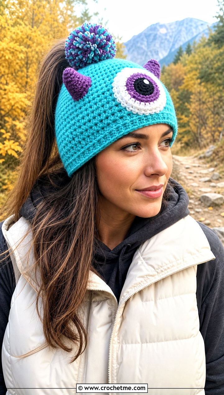 Monster Eye Pom Pom Beanie With Puffer Vest - 25 Halloween Crochet Beanies outfit ideas