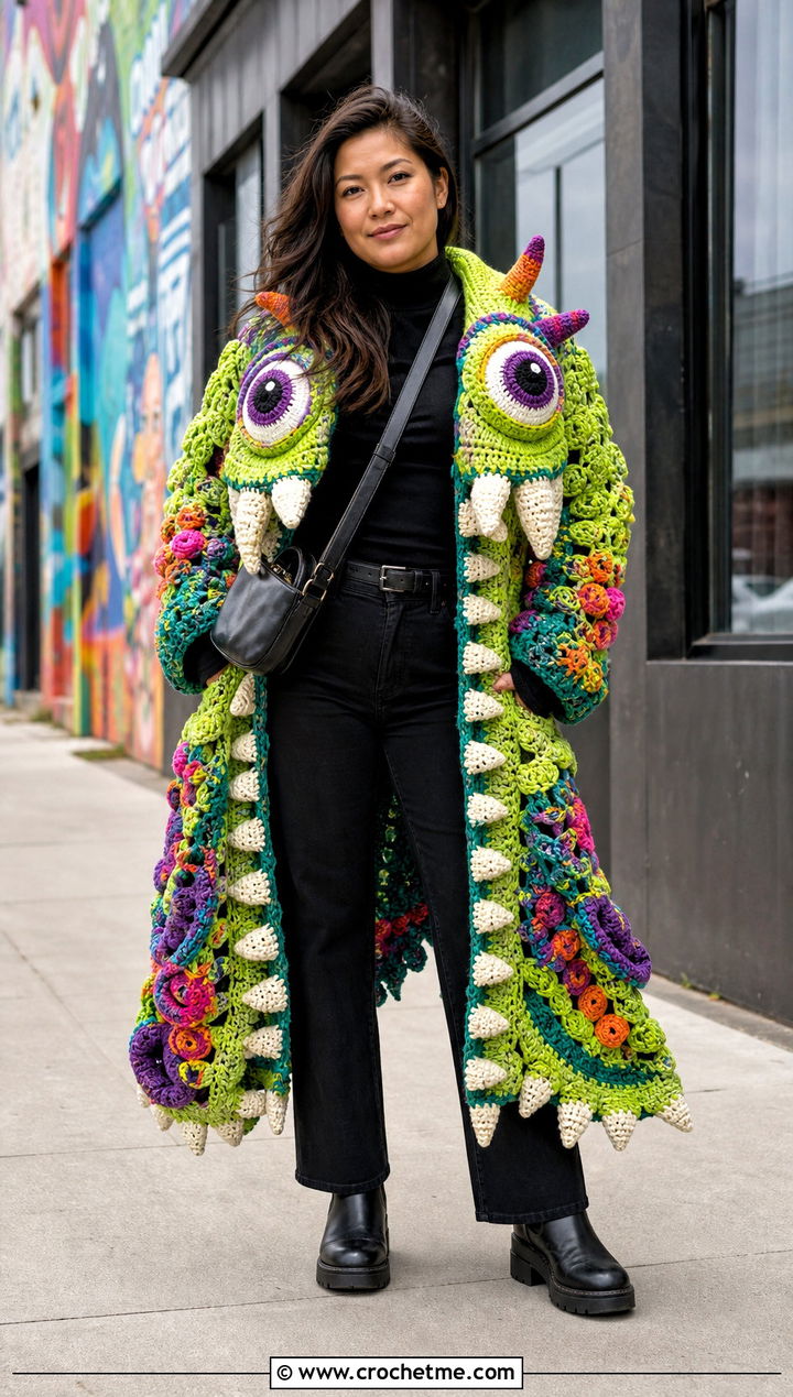 Monster Face Crochet Coat With Black Basics - 25 weird crochet clothes and outfit ideas